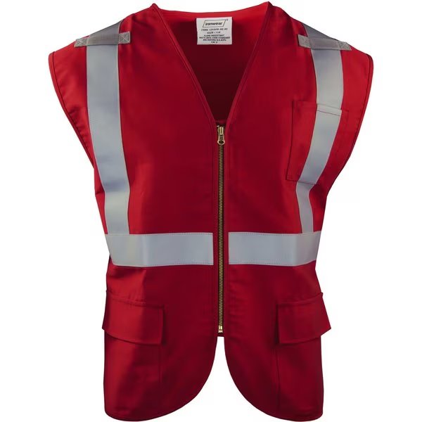 Flame-Resistant Safety Vest Class 2 w/ Zipper & Radio Tabs (Red/Medium), Ironwear, Mfr#: 1255FR-RZ-RD-MD